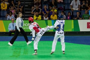Rio de Janeiro, Brazil, 21 February 2016: Rio 2016 Olympic Park holds a test event for Rio 2016 Olympic Games. The International Taekwondo Tournament meets 64 athletes from 15 countries. Among the athletes participating in the competition are: Iris Tang Sing, Rafaela Ahmad, Jo??o Miguel Neto, Leonardo de Moraes and Andre Bilia, from Brazil, Rui Bragan??a from Portugal anda Mayu Yama from Japan. In this photo are the Evelyn Gonda from Canada and Chuang Chen Yu from Chinese Taipei (Photo by Luiz Souza/NurPhoto) (Photo by NurPhoto/NurPhoto via Getty Images)